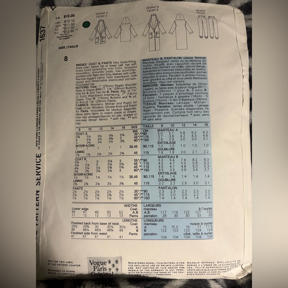Christian Dior Coat and Pants Sewing Pattern - Picture 2 of 6